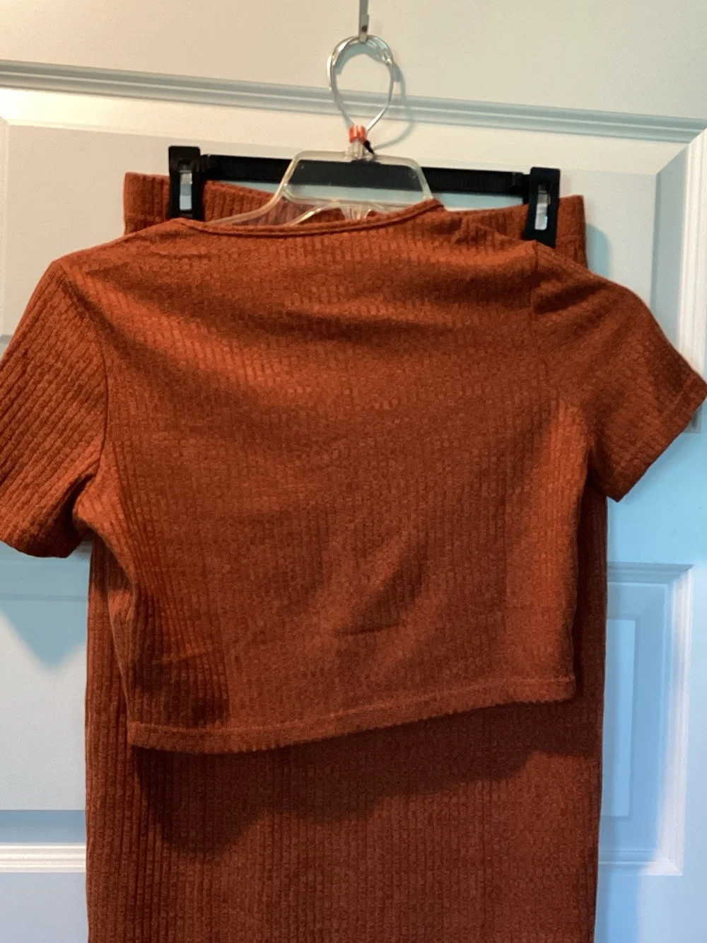 Rust Colored Ribbed Two-Piece Tee & Skirt Set - Picture 4 of 6